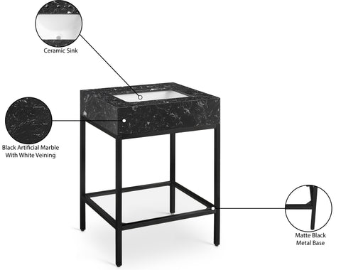 Blaire 24" Black Engineered Stone Top, Steel And Glass Base Bathroom Vanity, 1 Piece (Style 2)