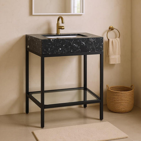 Blaire 24" Black Engineered Stone Top, Steel And Glass Base Bathroom Vanity, 1 Piece (Style 2)