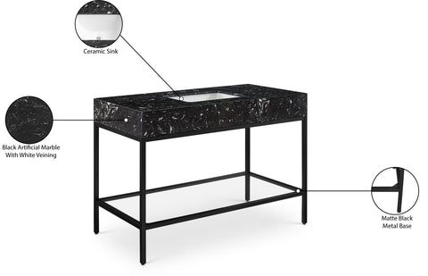 Blaire 48" Black Engineered Stone Top, Steel And Glass Base Bathroom Vanity, 1 Piece (Style 2)