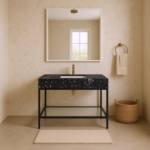 Blaire 48" Black Engineered Stone Top, Steel And Glass Base Bathroom Vanity, 1 Piece (Style 2)