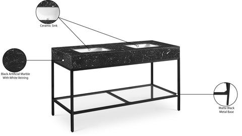 Blaire 60" Black Engineered Stone Top, Steel And Glass Base Bathroom Vanity, 1 Piece (Style 2)