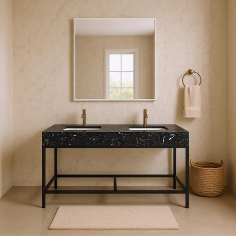 Blaire 60" Black Engineered Stone Top, Steel And Glass Base Bathroom Vanity, 1 Piece (Style 2)