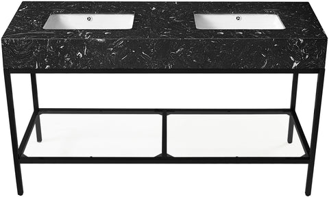Blaire 60" Black Engineered Stone Top, Steel And Glass Base Bathroom Vanity, 1 Piece (Style 2)