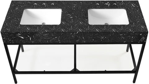 Blaire 60" Black Engineered Stone Top, Steel And Glass Base Bathroom Vanity, 1 Piece (Style 2)