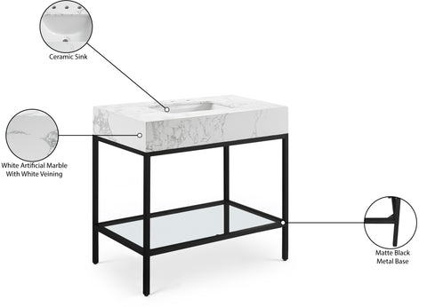 Blaire 36" White Engineered Stone Top, Steel And Glass Base Bathroom Vanity, 1 Piece (Style 2)