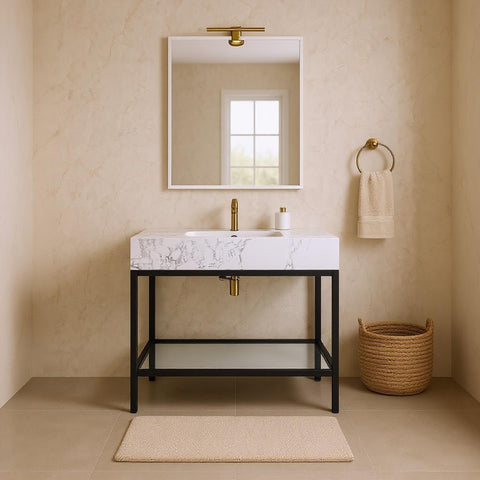 Blaire 36" White Engineered Stone Top, Steel And Glass Base Bathroom Vanity, 1 Piece (Style 2)