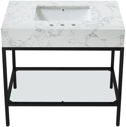 Blaire 36" White Engineered Stone Top, Steel And Glass Base Bathroom Vanity, 1 Piece (Style 2)