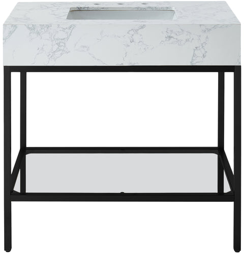 Blaire 36" White Engineered Stone Top, Steel And Glass Base Bathroom Vanity, 1 Piece (Style 2)