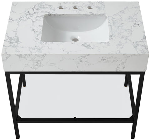 Blaire 36" White Engineered Stone Top, Steel And Glass Base Bathroom Vanity, 1 Piece (Style 2)