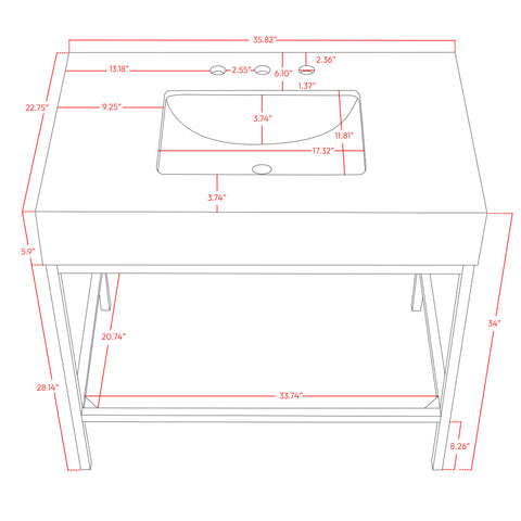 Blaire 36" White Engineered Stone Top, Steel And Glass Base Bathroom Vanity, 1 Piece (Style 2)