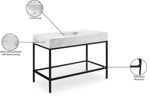 Blaire 48" White Engineered Stone Top, Steel And Glass Base Bathroom Vanity, 1 Piece (Style 2)