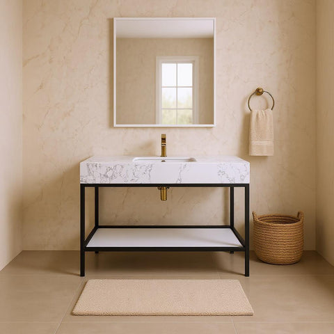 Blaire 48" White Engineered Stone Top, Steel And Glass Base Bathroom Vanity, 1 Piece (Style 2)