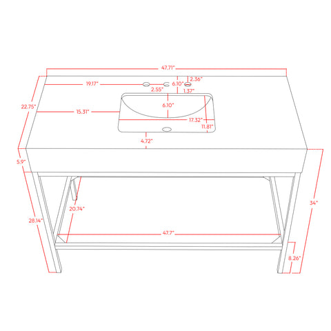 Blaire 48" White Engineered Stone Top, Steel And Glass Base Bathroom Vanity, 1 Piece (Style 2)