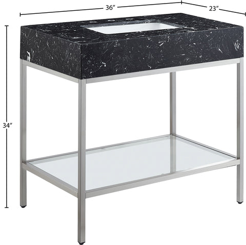 Blaire 36" Black Engineered Stone Top, Steel And Glass Base Bathroom Vanity, 1 Piece (Style 3)