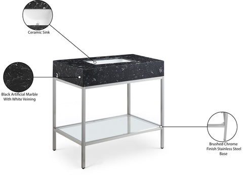Blaire 36" Black Engineered Stone Top, Steel And Glass Base Bathroom Vanity, 1 Piece (Style 3)