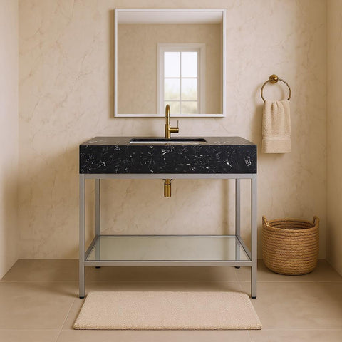 Blaire 36" Black Engineered Stone Top, Steel And Glass Base Bathroom Vanity, 1 Piece (Style 3)