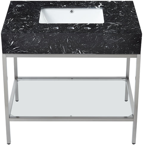 Blaire 36" Black Engineered Stone Top, Steel And Glass Base Bathroom Vanity, 1 Piece (Style 3)
