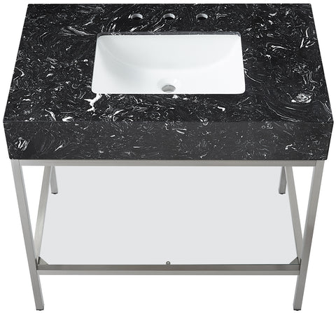 Blaire 36" Black Engineered Stone Top, Steel And Glass Base Bathroom Vanity, 1 Piece (Style 3)