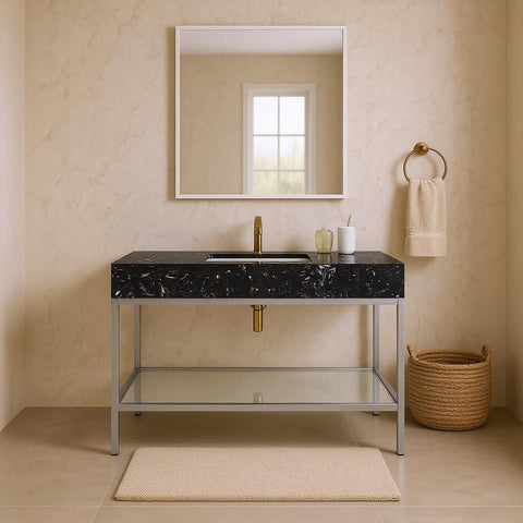 Blaire 48" Black Engineered Stone Top, Steel And Glass Base Bathroom Vanity, 1 Piece (Style 3)