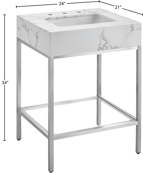 Blaire 24" White Engineered Stone Top, Steel And Glass Base Bathroom Vanity, 1 Piece (Style 3)
