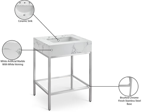 Blaire 24" White Engineered Stone Top, Steel And Glass Base Bathroom Vanity, 1 Piece (Style 3)