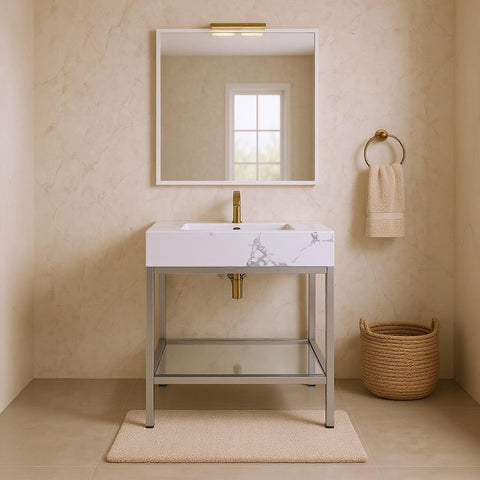 Blaire 24" White Engineered Stone Top, Steel And Glass Base Bathroom Vanity, 1 Piece (Style 3)