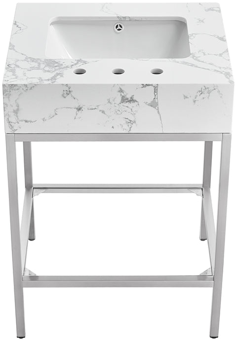 Blaire 24" White Engineered Stone Top, Steel And Glass Base Bathroom Vanity, 1 Piece (Style 3)