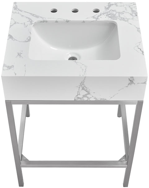 Blaire 24" White Engineered Stone Top, Steel And Glass Base Bathroom Vanity, 1 Piece (Style 3)