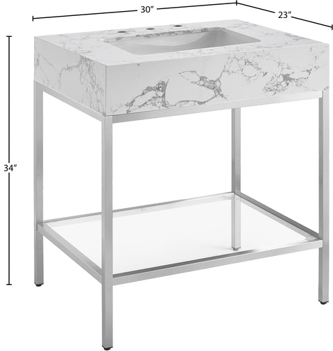 Blaire 30" White Engineered Stone Top, Steel And Glass Base Bathroom Vanity, 1 Piece (Style 3)
