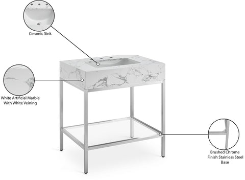 Blaire 30" White Engineered Stone Top, Steel And Glass Base Bathroom Vanity, 1 Piece (Style 3)