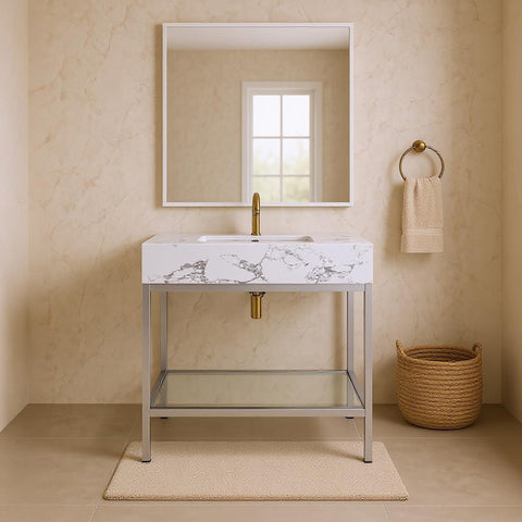 Blaire 30" White Engineered Stone Top, Steel And Glass Base Bathroom Vanity, 1 Piece (Style 3)