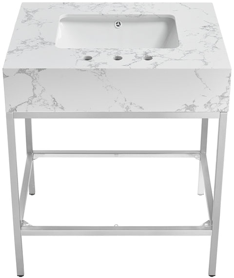 Blaire 30" White Engineered Stone Top, Steel And Glass Base Bathroom Vanity, 1 Piece (Style 3)