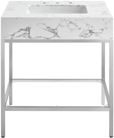 Blaire 30" White Engineered Stone Top, Steel And Glass Base Bathroom Vanity, 1 Piece (Style 3)