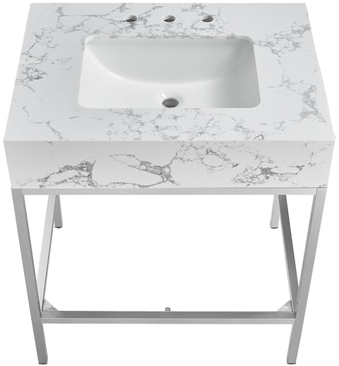 Blaire 30" White Engineered Stone Top, Steel And Glass Base Bathroom Vanity, 1 Piece (Style 3)