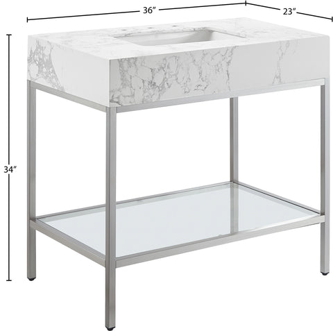 Blaire 36" White Engineered Stone Top, Steel And Glass Base Bathroom Vanity, 1 Piece (Style 3)