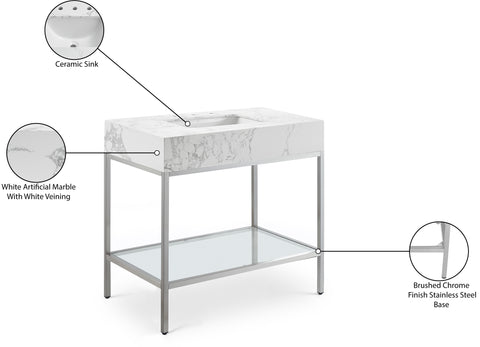 Blaire 36" White Engineered Stone Top, Steel And Glass Base Bathroom Vanity, 1 Piece (Style 3)