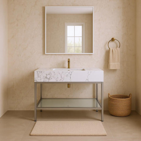 Blaire 36" White Engineered Stone Top, Steel And Glass Base Bathroom Vanity, 1 Piece (Style 3)