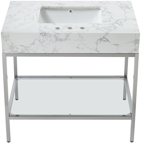 Blaire 36" White Engineered Stone Top, Steel And Glass Base Bathroom Vanity, 1 Piece (Style 3)
