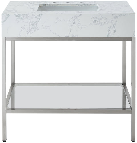 Blaire 36" White Engineered Stone Top, Steel And Glass Base Bathroom Vanity, 1 Piece (Style 3)