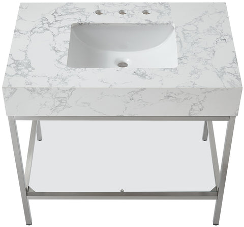 Blaire 36" White Engineered Stone Top, Steel And Glass Base Bathroom Vanity, 1 Piece (Style 3)