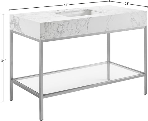 Blaire 48" White Engineered Stone Top, Steel And Glass Base Bathroom Vanity, 1 Piece (Style 3)