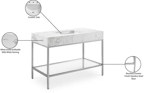 Blaire 48" White Engineered Stone Top, Steel And Glass Base Bathroom Vanity, 1 Piece (Style 3)