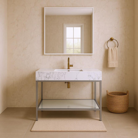 Blaire 48" White Engineered Stone Top, Steel And Glass Base Bathroom Vanity, 1 Piece (Style 3)