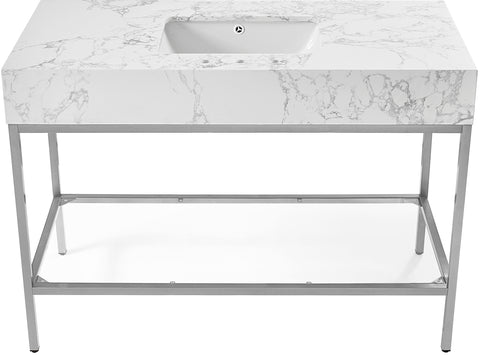 Blaire 48" White Engineered Stone Top, Steel And Glass Base Bathroom Vanity, 1 Piece (Style 3)