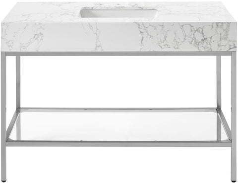 Blaire 48" White Engineered Stone Top, Steel And Glass Base Bathroom Vanity, 1 Piece (Style 3)