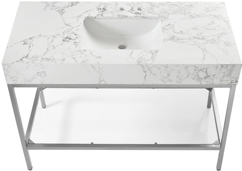 Blaire 48" White Engineered Stone Top, Steel And Glass Base Bathroom Vanity, 1 Piece (Style 3)