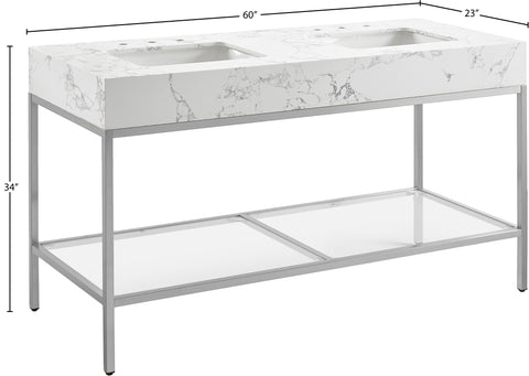 Blaire 60" White Engineered Stone Top, Steel And Glass Base Bathroom Vanity, 1 Piece (Style 3)