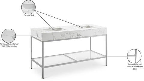 Blaire 60" White Engineered Stone Top, Steel And Glass Base Bathroom Vanity, 1 Piece (Style 3)
