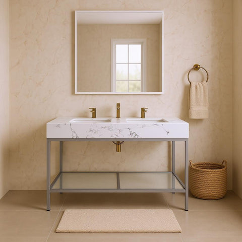 Blaire 60" White Engineered Stone Top, Steel And Glass Base Bathroom Vanity, 1 Piece (Style 3)