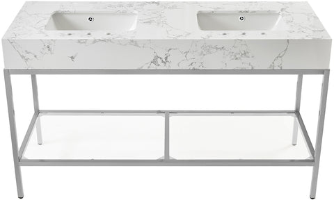 Blaire 60" White Engineered Stone Top, Steel And Glass Base Bathroom Vanity, 1 Piece (Style 3)